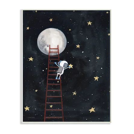 Viv + Rae Dyer Avenue Astronaut Hanging Stars Outer Space Ladder To Moon | Wayfair Wood Wall Plaques, Hanging Stars, Moon Painting, Lithograph Print, Stupell Industries, Canvas Wall Decor, Framed Canvas Wall Art, To The Moon, Space Art