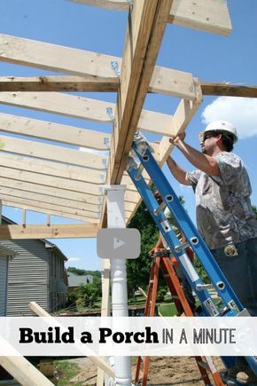 Watch our minute-long video of building a porch and get lots more info on how to build at porch at http://www.front-porch-ideas-and-more.com/how-to-build-a-porch.html Build A Porch, How To Build A Porch, Front Porch Addition, Porch Addition, Building A Porch, Porch Roof, Patio Roof, House With Porch, Building A Shed