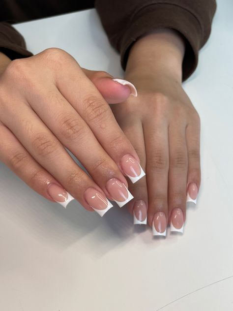 White french tips nails/short length/square shape Square French Tip Nails, Square French Tip, White Tip Acrylic Nails, White French Tip Nails, Square French, Acrylic Nails Nude, White Tip Nails, White Tips, White French Tip