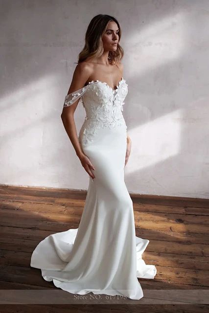 Off Shoulder Mermaid Wedding Gown, Bardot Wedding Dress Off Shoulders, Mermaid Lace Off The Shoulder Wedding Dress, Off The Shoulder Form Fitting Wedding Dress, Wedding Dresses Off The Shoulder Fitted, Bardot Silk Wedding Dress, Wedding Dress Off The Shoulder Mermaid, Sweetheart Satin Wedding Dress, Lace Bardot Wedding Dress