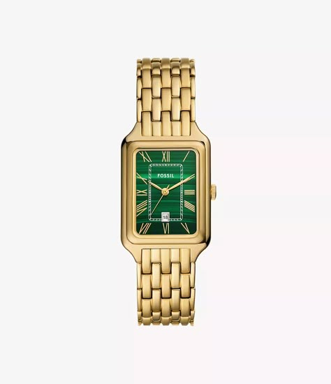 Raquel Three-Hand Date Gold-Tone Stainless Steel Watch - ES5341 - Fossil Green And Gold Watch, Silver And Gold Watch, Womens Work Bag, Fossil Watches Women, Green Watch, Embossed Bag, Minimalist Watch, Silver Bags, Fossil Watch