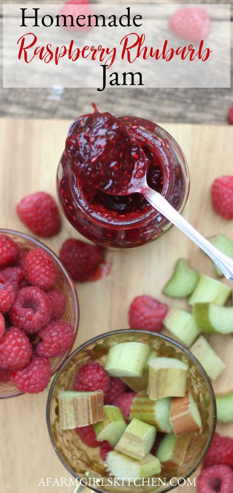 This delicious and easy to make homemade jam is made with raspberries, rhubarb, sugar, lemon juice, and pectin. Raspberry and rhubarb are flavors that go so well together. Raspberry Rhubarb Jam with pectin is sweet and tart for the perfect homemade jam recipe.  #raspberryrhubarbjam #raspberryjam #jam #preserves #homecanning #raspberry #rhubarb #recipe Raspberry Rhubarb Jam No Pectin, Blackberry Rhubarb Jam, Rhubarb Raspberry Recipes, Jam Baking Recipes, Rhubarb Jelly Recipes, Rhubarb Jam With Pectin, Raspberry Preserves Recipe, Jam With Pectin, Raspberry Rhubarb Jam