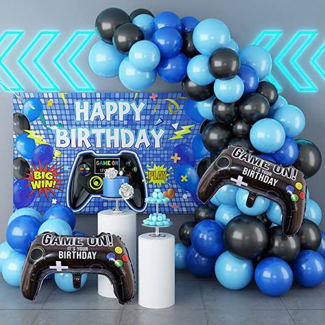 🎮Pack includes: 1PC blue game happy birthday backdrop 2PCS black video game controller foil balloons 15PCS 10INCH matte black balloons 10PCS 10INCH dark blue balloons 10PCS 10INCH matte light blue balloons 5PCS 12INCH matte black balloons 5PCS 12INCH dark blue balloons 5PCS 12INCH light blue balloons balloon strip pack of glue dots ribbon Video Game Birthday Party Decorations, Happy Birthday Games, Gold Birthday Party Decorations, Video Games Birthday Party, Happy Birthday Backdrop, Anniversary Party Decorations, Box Shadow, Blue Game, Video Games Birthday