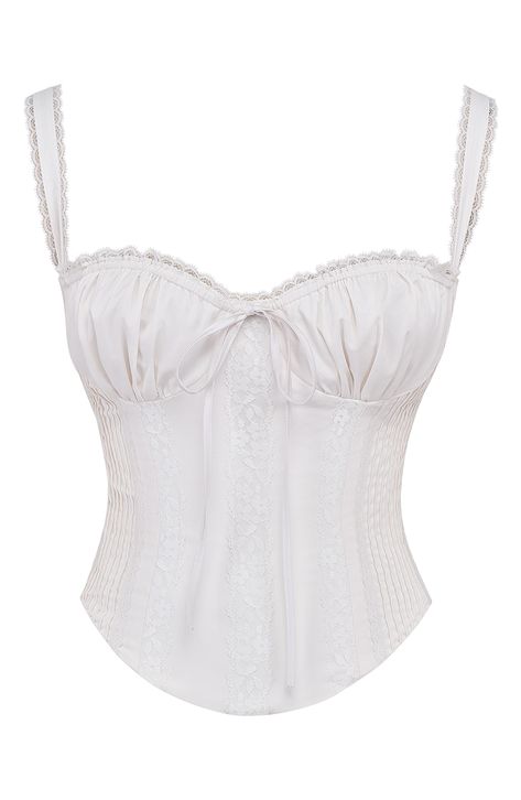 Sugar and spice come to play in this cotton-blend corset edged in lilts of lace and cinched with a laced-up detail and side zip for easy-on convenience. Sweetheart neck Wired cups 65% cotton, 32% nylon, 3% elastane Dry clean Imported White Corset Top, Leather Loafers Women, White Corset, House Of Cb, Vintage Fits, Woven Top, Floral Print Shorts, Sweetheart Neck, Lace Back