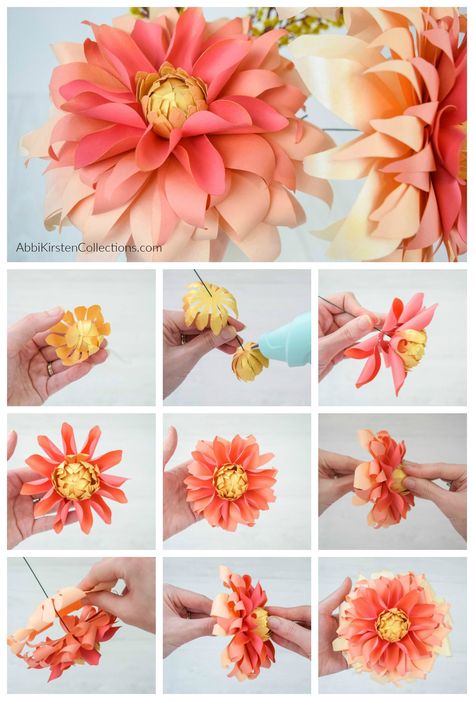 paper dahlia tutorial 3d Paper Flowers, Paper Dahlia, Paper Flower Arrangements, Autumn Paper, Arte Van Gogh, Paper Flower Crafts, Paper Flower Template, How To Make Paper Flowers, Paper Flower Tutorial