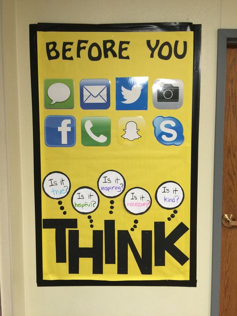 High School Notice Board Ideas, Bulletin Board Ideas For After School Program, Social Media Themed Classroom, Notice Board Ideas For School, Safeguarding Display Board, Social Media Classroom Theme, Social Media Bulletin Board, Makerspace Bulletin Board, School Computer Lab Decor