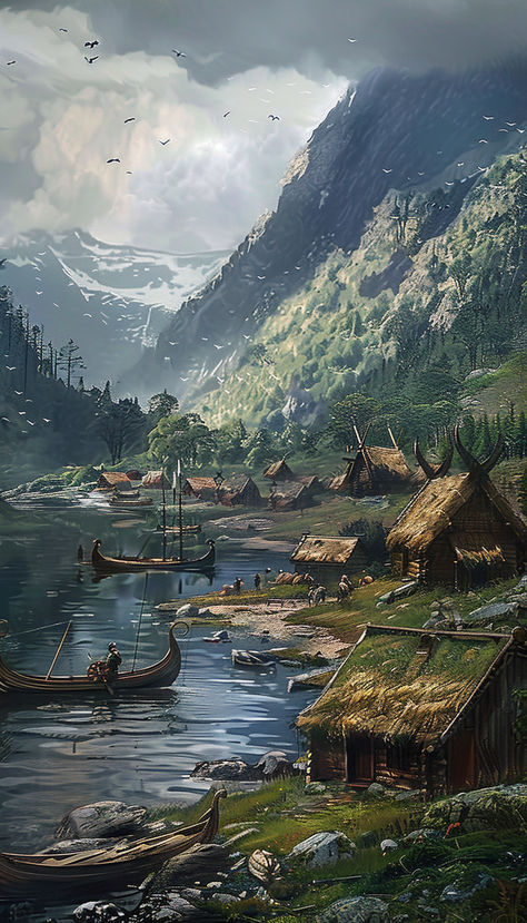 Viking Longboats in the harbor of a Viking village Picturesque Mountains Norse Village Art, Viking Village Art, Viking Building Concept Art, Fantasy Viking Village, Viking Battle Scene, Mountain Village Fantasy Art, Mountain Village Aesthetic, Modern Viking Aesthetic, Viking Fantasy Art