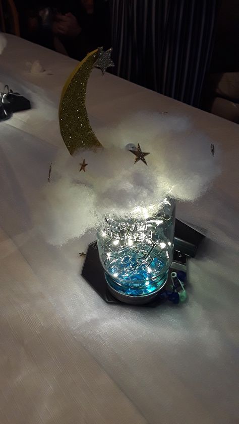 Star Themed Table Centerpieces, Start Night Centerpieces, A Night Under The Stars Centerpieces, Under The Stars Decorations Table Settings, Night Under The Stars Table Decor, Under The Stars Centerpiece Ideas, Stary Night Centerpiece, Starry Night Prom Centerpieces, Starry Night Centerpieces Diy