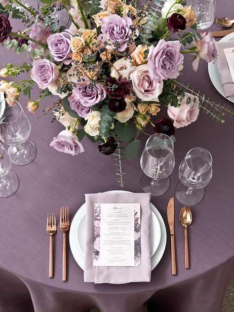 Modern Dusty Lavender - Linen Rentals | Wedding Table Linen, Runners, Chair Covers | BBJ Linen Purple Table Settings, Purple Wedding Tables, Lavender Wedding Theme, Violet Wedding, Purple Table, Mauve Wedding, Purple Wedding Theme, Dusty Lavender, Lilac Wedding