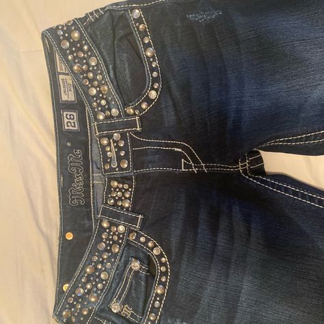 The Cutest Pair Of Miss Me Jeans That I Just Had To Have. I Bought Them Two Sizes Too Big And Then Forgot About Them So They Were Never Worn! Clothes With Rhinestones, Anaya Core, Miss Me Jeans Outfit, Gothic Jeans, Mcbling Fashion, Personal Things, Upcycle Clothes Diy, Miss Me Shorts, Clothes Diy