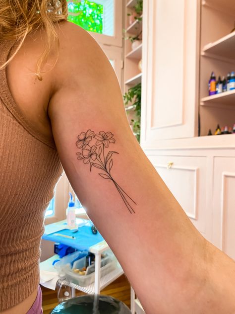 Lily Tattoo Bouquet, Boutique Flower Tattoo, Siblings Flower Tattoo, Bible Flowers Tattoo, Single Line Flower Bouquet Tattoo, Lily Bouquet Tattoo Design, May Lilly Flower Tattoo, Bouquet Of 3 Flowers Tattoo, Fine Line Flower Design