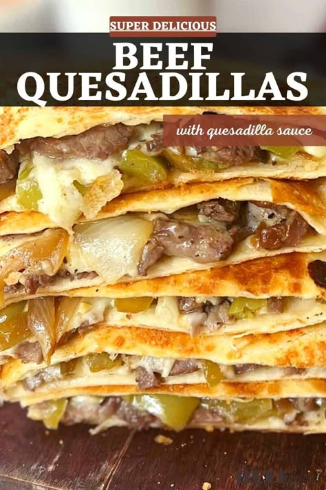 Beef Quesadillas are a simple, easy, and savory, loaded with steak and cheese, fresh peppers, onions, and a savory blend of spices! This easy beef quesadilla recipe uses simple ingredients and comes together in just under 20 minutes for a fun dinner your family will love. via @bestbeefrecipes Steak Quesadilla Recipe, Peper Steak, Steak Quesadilla Recipes, Steak Quesadillas, Steak Quesadilla, Steak And Cheese, Quesadilla Recipes Easy, Beef Quesadillas, Mexikansk Mat