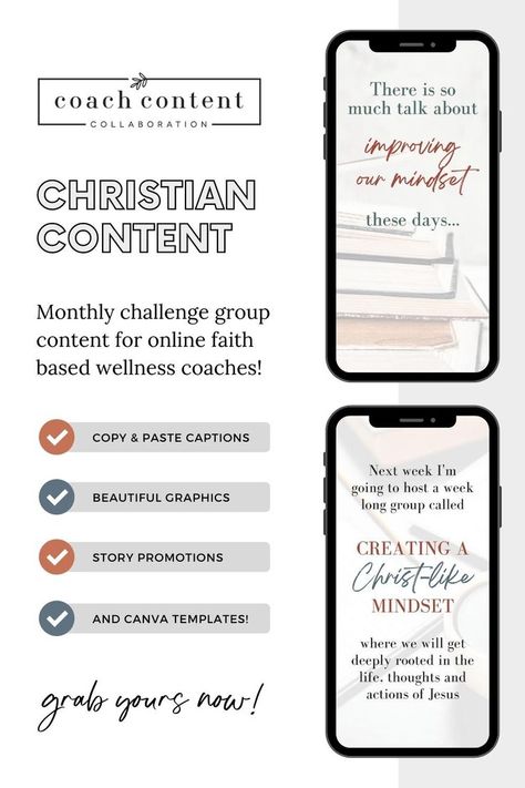 Hey Faith Based Christian Coach! Are you looking for done for your content that includes social media stories, wellness tips & images, daily captions to posts, content calendars and ready Canva templates? Check out our article where we are sharing a sneak peek to our done for you 7 Day Challenge ‘Creating a Christ Like Mindset’. From Coach Content Collaboration | Done for You Content for Coaches. We provide monthly social media content for coaches, challenge group ideas, Canva Templates & more! Daily Captions, Health Coach Branding, Wellness Coaching Business, Content Calendar Template, Life Coaching Business, 7 Day Challenge, Social Media Content Calendar, Health Coach Business, Faith Encouragement