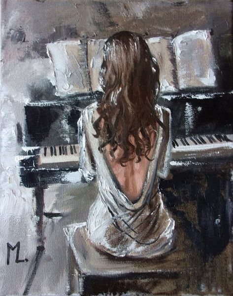 Piano Aesthetic Painting, Aesthetic Piano Pictures, Female Oil Painting, Art Canvas Painting Ideas, Piano Artwork, Artist Vibes, Monika Luniak, Romanticism Art, Acrylic Painting Ideas On Canvas