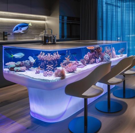 Introducing the aqua kitchen table 🐠 Step into a world of luxury and marine biology with this 2-in-1 kitchen table, blending the ocean with elegance. Futuristic, Regenerative and Carbon sequestering - a perfect mix of what makes our natural world unique today! Give the oceans a high five while you enjoy a vegan meal on these lovely kitchen tables.l meant for a sustainable future. Conceptual AI Art Follow @ecosapiens for more! Futuristic Island, Luxury Futuristic, Futuristic Kitchen, Luxury Living Room Inspiration, Farmhouse Island, Aqua Kitchen, Earthy Vibes, Lovely Kitchen, Futuristic Home