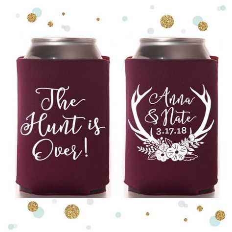 The Hunt is Over Antlers Wedding Can Cooler 71R Custom | Etsy Antler Wedding Centerpieces, Wedding Can Koozie Ideas, Engagement Koozies, Coozie Wedding Favors, Antler Wedding Decor, Camo Wedding Decorations, Hunting Wedding Theme, Southern Wedding Decorations, Country Wedding Colors