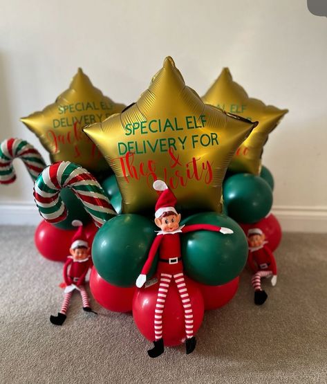 Limited orders available on our elf arrivals!❤️ 1- arrival star balloon stack- £12 2- reindeer with helium star balloon all personalised- £15 3- arrival envelope with elf, personalised elf bottle & balloon- £18 4- present box- £12 5- present/reindeer with helium elf head all personalised- £17 Unless stated elf is £3 extra. Personalised elf head bottle- £5 extra £10 deposit to secure! ✨ #partyideas #balloons #balloondecor #bubbleballoons #balloondecoration #birthdayparty #birthdayd... Balloon Elf On The Shelf Ideas, Elf Arrival Balloon Ideas, Elf On The Shelf Balloon Arrival, Elf On The Shelf Balloons, Elf On The Shelf Balloon, Elf Balloons, Elf Returns, Elf Delivery, Elf Party