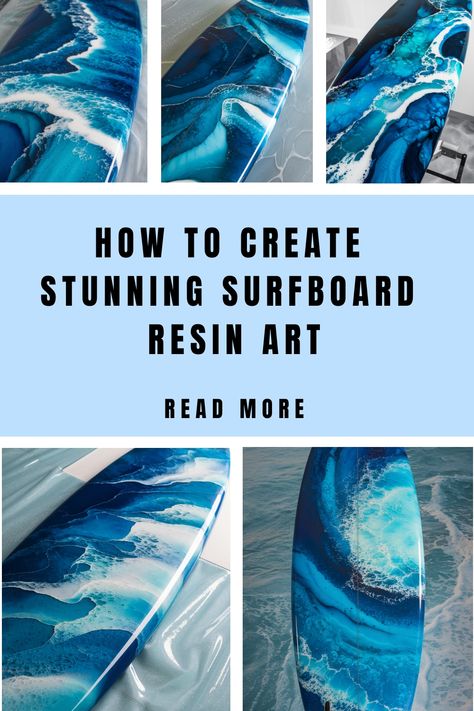 Surfboard decorated with blue and white resin art, showcasing ocean-inspired designs. Surfboard Design Ideas, Surfboard Resin, Surfboard Art Design, Resin Waves, Surfboard Art, Surfboard Design, Jewelry Decor, Transparent Resin, Diy Resin Crafts