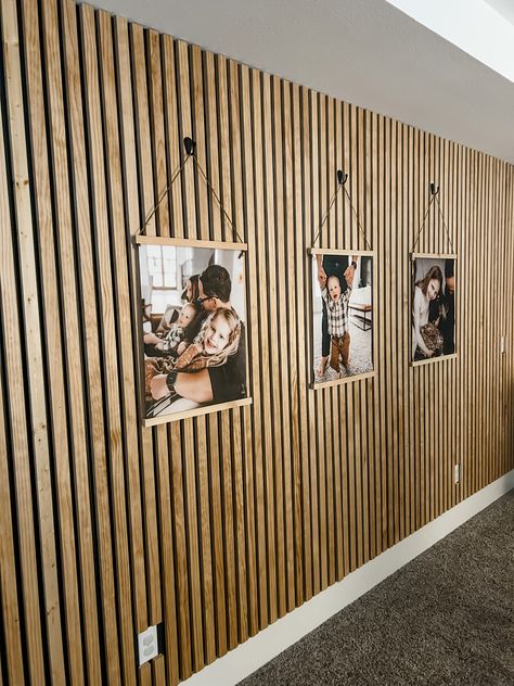 DIY Wood Slat Wall – Our Raven Haven Slat Wall With Pictures, Wood Slat Gallery Wall, Wood Statement Wall, Slated Wall Accent, Wood Slate Accent Wall, Horizontal Wood Slat Wall, Breakroom Makeover, Wood Accent Wall Living Room, Wood Slat Accent Wall