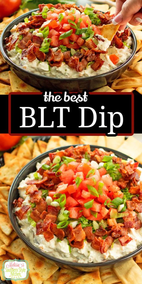 This creamy BLT Dip recipe features classic flavors making it a delicious dip to serve with crostini, garlic bread or pita chips for dipping. #BLT #BLTdip #diprecipes #bacon #bacondip #superbowlrecipes #easydiprecipes via @melissasssk Dip Recipes For Dinner, Dips With Chips, Dips To Eat With Pita Chips, Sandwich Dip Recipes, Bbq Chip Dip, Bread And Cheese Dip, Dipping Food Ideas, Chip And Dip Platter Ideas, Leftover Onion Dip Recipes