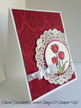 Easter Tulips, Doily Cards, Blessed Easter, Tulips Card, Raspberry Ripple, Paper Doilies, Spring Cards, Embossed Cards, Stamping Up Cards