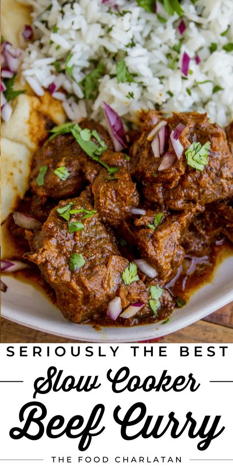 Easy Curry Beef Recipe from The Food Charlatan. This slow cooker beef curry could not be easier! Thick chunks of slow-cooked, tender beef, in a rich and thick curry sauce that is just waiting to be scooped up with some naan. Let the incredible smell fill your house all day long and then enjoy this easy weeknight meal. You can find everything you need at the grocery store (and probably have most of the ingredients in your pantry already). It's rich, hearty, and perfect for a cold night. Beef Cheeks Recipe Slow Cooker, Beef Curry Slow Cooker, Beef Chunks Recipes, Slow Cooker Beef Curry, Indian Beef Recipes, Vindaloo Recipe, Curry Beef, Beef Curry Recipe, Slow Cooker Curry