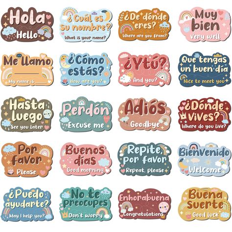 PRICES MAY VARY. Spanish Phrases Poster Set: Introducing our 20 pieces boho theme Spanish posters set, package come with 10 sheet adhesive dots for easy application, nice for adding a touch of diversity and culture to any classroom or learning space. Each poster features a different Spanish phrase that is commonly applied in everyday conversation, making them nice for teaching students essential vocabulary and phrases Quality Material: These Spanish classroom posters are made of quality cardstock with a surface lamination film, ensuring durability and longevity and marks on them written by water-based dry erase markers could be erased. Measures about 11.8 x 7.9 inch /30 x 20 cm, these Spanish bulletin board posters are large enough to be easily visible from any part of the classroom, makin Spanish Bulletin Board Ideas, Spanish Classroom Door, Spanish Classroom Bulletin Boards, Spanish Classroom Posters, Spanish Bulletin Boards, Poster Study, Spanish Classroom Decor, Spanish Posters, Homeschool Spanish