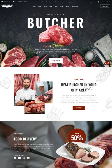 Carne is a versatile WordPress theme designed for butcher shops, meat restaurants, and businesses associated with the meat industry. Meat Design Graphics, Butcher Website Design, Butcher Design, Meat Branding, Beverage Illustration, Grocery Website, Website Branding Design, Butcher Meat, Company Banner