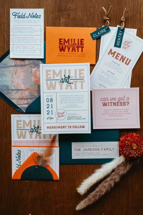 This fun invitation suite is full of colors from a thoughtfully curated color palette. Featuring multiple fonts and intentional design that makes a statement. All of these bold pieces beautifully transition into a fabulous wedding day design that is not only eye catching, but one of a kind. See more of this suite: https://annahowedesign.com/campground-inspired-suite/ Custom Wedding Invitations Illustration, Camping Wedding Invitations, Color Palette Bold, Olive Wedding, Wedding Extras, Retro Wedding Invitations, Online Invitation, 2025 Wedding, Wedding Moodboard