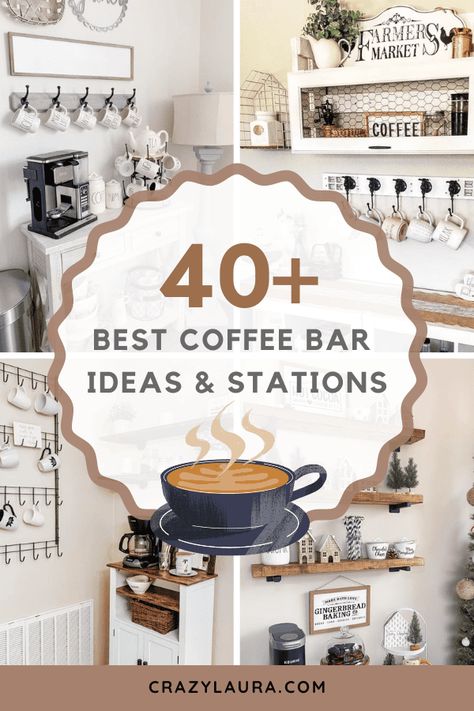 It doesn't matter if you're going for a farmhouse, modern or rae dunn inspired look, these coffee bar ideas and station designs will give you inspiration! #coffeebar #diy Coffee Bar Cart, Crazy Laura, Rental Home Decor, Coffee Mug Display, Alcohol Bar, Coffee Bar Ideas, Farmhouse Coffee Bar, Diy Coffee Bar, House Redo