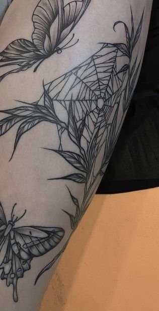 Plants Around Knee Tattoo, Feminine Spiderweb Tattoo, Spider Web Gap Filler Tattoo, Spiderweb Tattoo Filler, Spider Web Plant Tattoo, Unique Filler Tattoos, Spiderweb Arm Tattoo, Spiderweb Filler Tattoo, Spider Web Tattoo Women