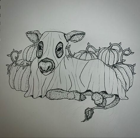 Realistic Ghost Drawing, Halloween Cow Drawing, Cow Sitting Drawing, Stuff Drawing, Ghost Cow, Cow Sketch, Ghost For Halloween, Harvest Crafts, Halloween Cow