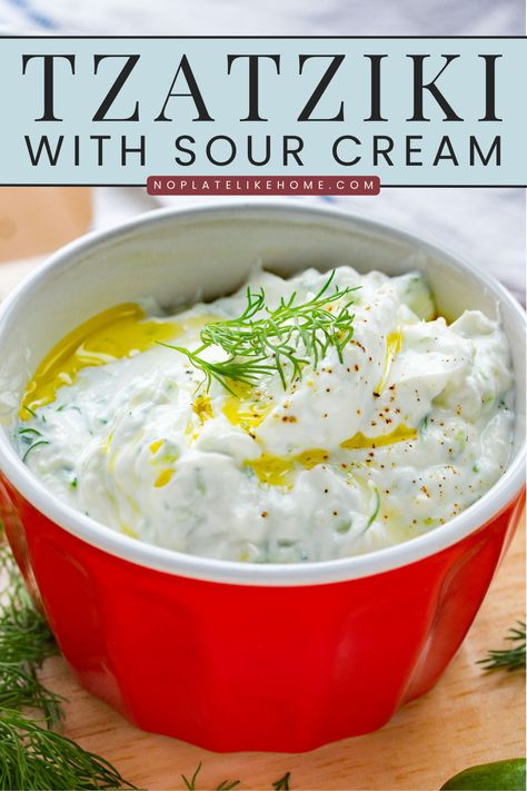 Make your own homemade Greek tzatziki with sour cream. It tastes wonderful to put on warm pita bread for a quick snack or dip carrots into. This recipe is made with sour cream, EVOO, fresh dill, lemon juice and garlic. It's a great alternative to using Greek yogurt. Add it to a Mediterranean dip tray for a make ahead, delicious appetizer. It's gluten-free and vegetarian. Click on the link to get this delicious and easy recipe! Easy Taziki Sauce, Homemade Taziki Sauce, Taziki Sauce, Greek Tzatziki Recipe, Sour Cream Dip Recipes, Greek Tzatziki, Greek Sauce, Tzatziki Sauce Recipe, Homemade Tzatziki Sauce