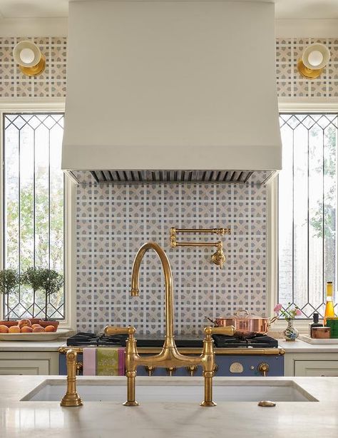 Gray and Blue Trellis Tiles with Brass Swing Arm Pot Filler - Transitional - Kitchen Antique White Coffee Table, Jenkins Interiors, Off White Kitchen Cabinets, Top Kitchen Cabinets, Off White Kitchens, Backsplash Tiles, Mosaic Backsplash, Cottage Style Homes, Marble Countertop