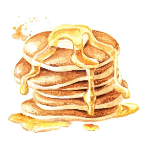 Pancake Drawing Realistic, Stack Of Pancakes Drawing, Pancakes Aesthetic Drawing, Pancakes Art Drawing, Maple Syrup Illustration, Watercolor Pancakes, Syrup Drawing, Pancake Watercolor, Pancake Painting