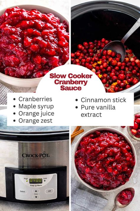 This slow-cooker cranberry sauce is an easy, hands-off method. Fresh cranberries gently simmer with orange juice and cinnamon for citrus and spice-infused flavor. A delicious addition to your holiday feast! Cranberry Crockpot, Holiday Side Dish, Cranberry Sauce Recipe, Holiday Side, Cranberry Sauce Homemade, Thanksgiving Dishes, Holiday Side Dishes, Cranberry Recipes, Thanksgiving Sides