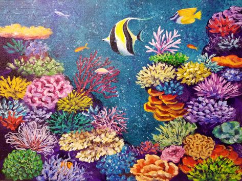 Coral Reef Acrylic Painting | Angela Anderson on Patreon Coral Reef Painting, Coral Reef Drawing, Reef Painting, Underwater Drawing, Starfish Painting, Coral Painting, Coral Reef Art, Fishing Hacks, Tropical Art Print