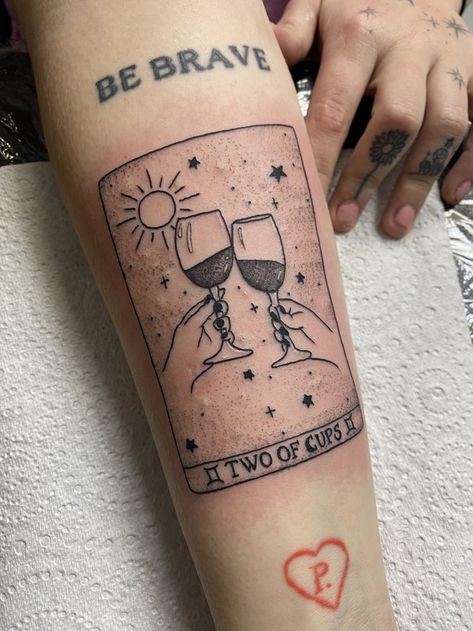 Two Of Cups Tattoo Tarot, Sister Tarot Card Tattoo, Best Friend Tarot Tattoo, Tarot Card Tattoo Matching, 2 Of Cups Tarot Tattoo, Page Of Cups Tattoo, 2 Of Cups Tattoo, Two Of Cups Tattoo, Three Of Cups Tattoo