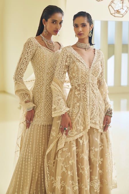 Buy Beige Net Embroidered Sequin Paisley High-low Jacket Sharara Set For Women by Seema Gujral Online at Aza Fashions. Seema Gujral Sharara, Beige Sharara, Jacket Sharara, Seema Gujral, Adorable Dresses, Outfits Dresses, Sharara Set, Clothes Outfits, Free Embroidery Designs