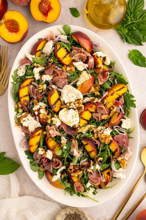 Grilled Peach and Burrata Salad with Arugula and Prosciutto — Foodborne Wellness Arugula Pear Burrata Salad, Burrata And Prosciutto, Grilled Peach And Burrata Salad, Peach Burrata Prosciutto, Grilled Peaches With Burrata, Peach Burrata Salad, Peach And Burrata, Fig Dressing, Burrata Recipe