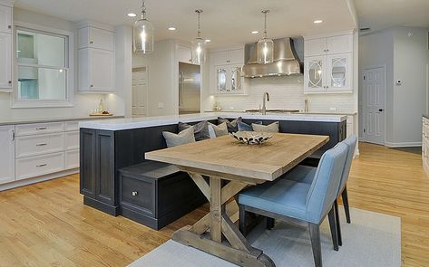 7 Creative Design Ideas For Kitchen Island Bench Seating | L-SHAPED BENCH Island With Bench Seating, Kitchen Island Bench Seating, Kitchen Island With Bench Seating, Curved Kitchen Island, Bench Seating Kitchen, Kitchen Island Dining Table, Curved Kitchen, Open Plan Kitchen Dining Living, Kitchen Island Bench