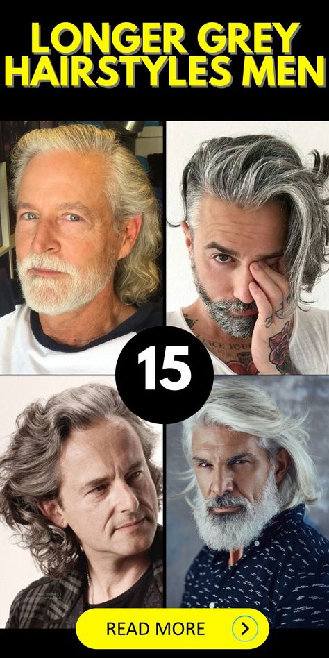 Elevate your style with longer grey hairstyles for men, designed for silver foxes over 50 who appreciate their salt and pepper hair. Whether you prefer styles with layers, fringes, or a more natural look, these options cater to older men seeking a sophisticated appearance. Long Hairstyles For Men Over 50, Long Length Mens Haircuts, Men’s Medium Long Hair Styles, Long Grey Hair Men, Grey Hair Men Over 50, Men’s Longer Haircuts, Older Men Haircuts Over 50, Long Hair Styles For Men, Mens Grey Hairstyles