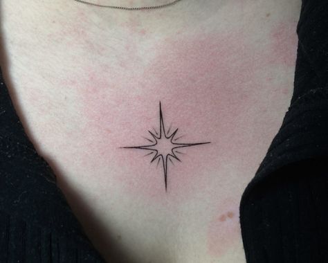 Small Star Chest Tattoo, Starburst Chest Tattoo, Small Upper Chest Tattoo, Star Throat Tattoo, Star Tattoos Chest, Sparkle Tattoo Chest, Sparkle Chest Tattoo, Chest Star Tattoo, Star Collar Bone Tattoo