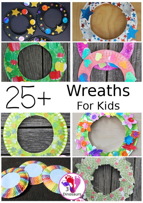 25+ Wreaths Crafts for Kids - Fun wreaths for fall, summer, winter and spring! Easy to make with fun ideas for each season. 3Dinosaurs.com #craftsforkids #wreathsforkids #wreaths #3dinosaurs Easter Wreath Craft For Kids, Toddler Wreath Craft, Wreath Art Projects For Kids, Spring Wreath Craft For Kids, Paper Plate Wreaths For Kids, Kids Wreath Craft, Wreaths Crafts For Kids, Wreath Crafts For Kids, Fun Art And Craft