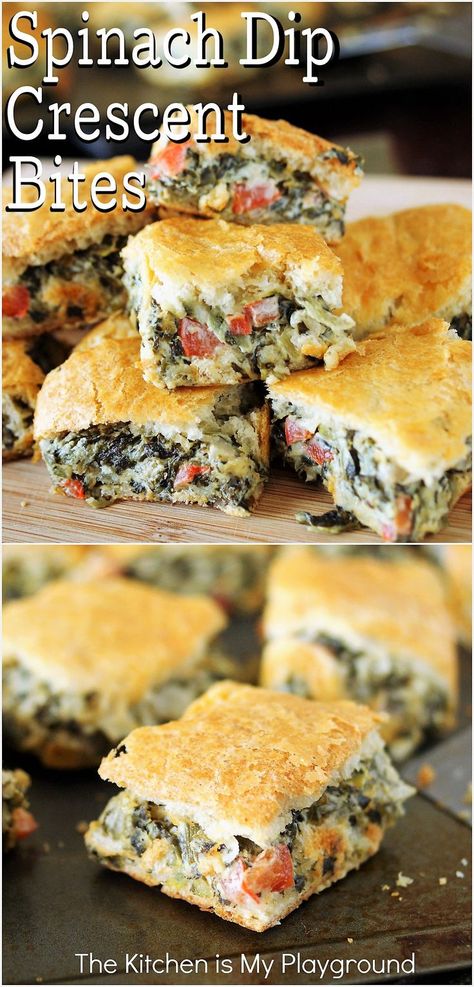 Serving of Spinach Dip Crescent Bites Spinach Dip Baked, Baked Spinach Dip, Diy Easy Recipes, Crescent Roll Recipes, Spinach Dip, Finger Food Appetizers, Football Food, Party Menu, Party Food Appetizers