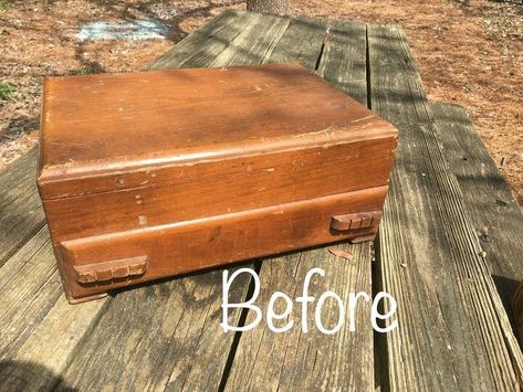 Hello my friends! I regularly find old silverware boxes on my treasure hunting adventures. They make a great repurposing project. My most recent box find had plenty of storage but was in need of some love.This box is huge! I love the fact that it has a drawer. I cleaned the outside of the box with Simple Green and a Scotch Brite Sponge. I then wiped it down with a my sponge and clean water. Next, I removed all of the lining from inside the top portion and the drawer. (There was… Recycled Silverware Crafts, Repurpose Silverware Boxes, Repurposed Wooden Box, Old Silverware, Sellable Crafts, Flatware Box, Shallow Shelves, Everyday Crafts, Box Makeover