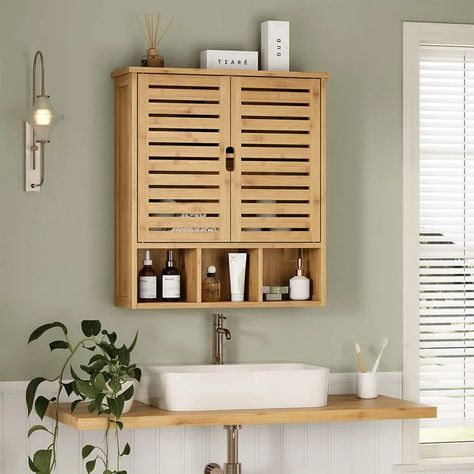 Millwood Pines Ploeger Solid Wood Wall Mounted Over-The-Toilet Storage | Wayfair Hanging Bathroom Cabinet, Wall Bathroom Cabinet, Bamboo Cabinets, Wood Medicine Cabinets, Bathroom Wall Cabinet, Bathroom Wall Storage, Wood Wall Bathroom, Wall Mounted Bathroom Cabinets, Bamboo Bathroom