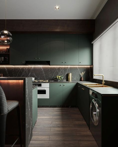 The dark green cabinets, marble accents, and ambient lighting create a sophisticated yet cozy atmosphere. #InteriorDesign #ModernKitchen #EleganceInEveryDetail #HomeDesign #ArchitecturalVisualization #kitchensesign #coronarender #vizualization Dark Green Cabinets Kitchen, Green Cabinets Kitchen, Dark Green Cabinets, Dark Green Kitchen, Green Cabinets, Cabinets Kitchen, Cozy Atmosphere, Green Kitchen, Kitchen Lighting