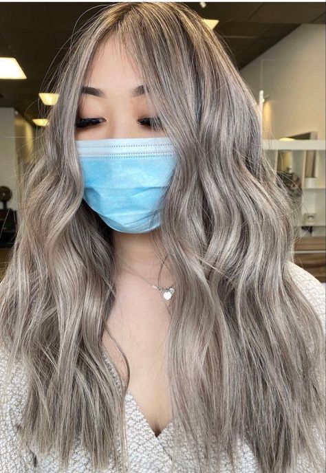 ashy hair ideas Pale Skin Ash Blonde Hair, Grey Ashy Balayage, Best Color For Asian Hair, Ash Hair Color Balayage, Wide Blonde Highlights, Mushroom Blonde Babylights, Full Balayage Ash Blonde, Ash Hair With Blonde Highlights, Silver Mushroom Hair