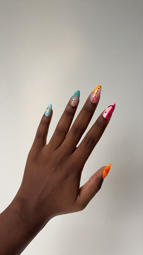 Multi Pattern Nails, Cute Funky Nails Almond, Funky Almond Nails, Colorful Almond Nails, Fun Almond Nails, Oval Nails Designs, Bald Head, Nail Patterns, Multi Pattern